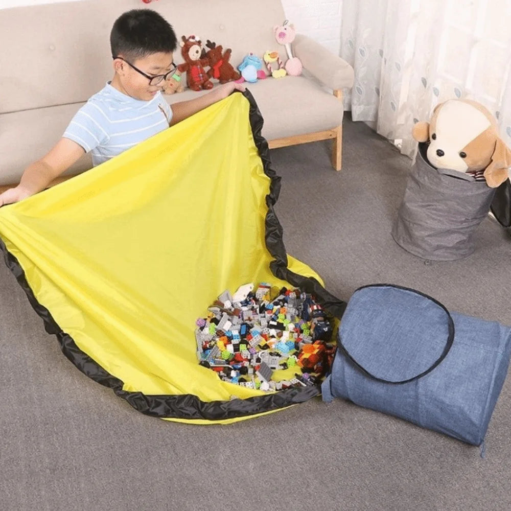 seau rangement réutilisable tissu textile métal zip rangement rapide jouets enfants tapis pliable bleu