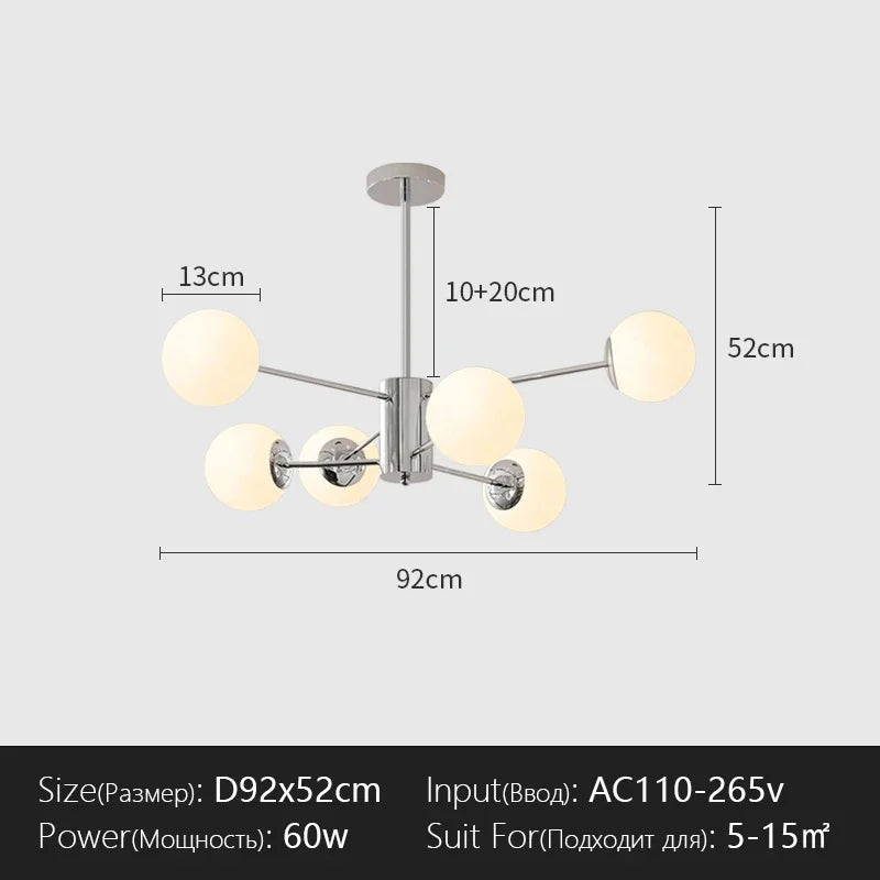 lustre suspension moderne chrome boules verre translucide luminaire salon salle manger blanc