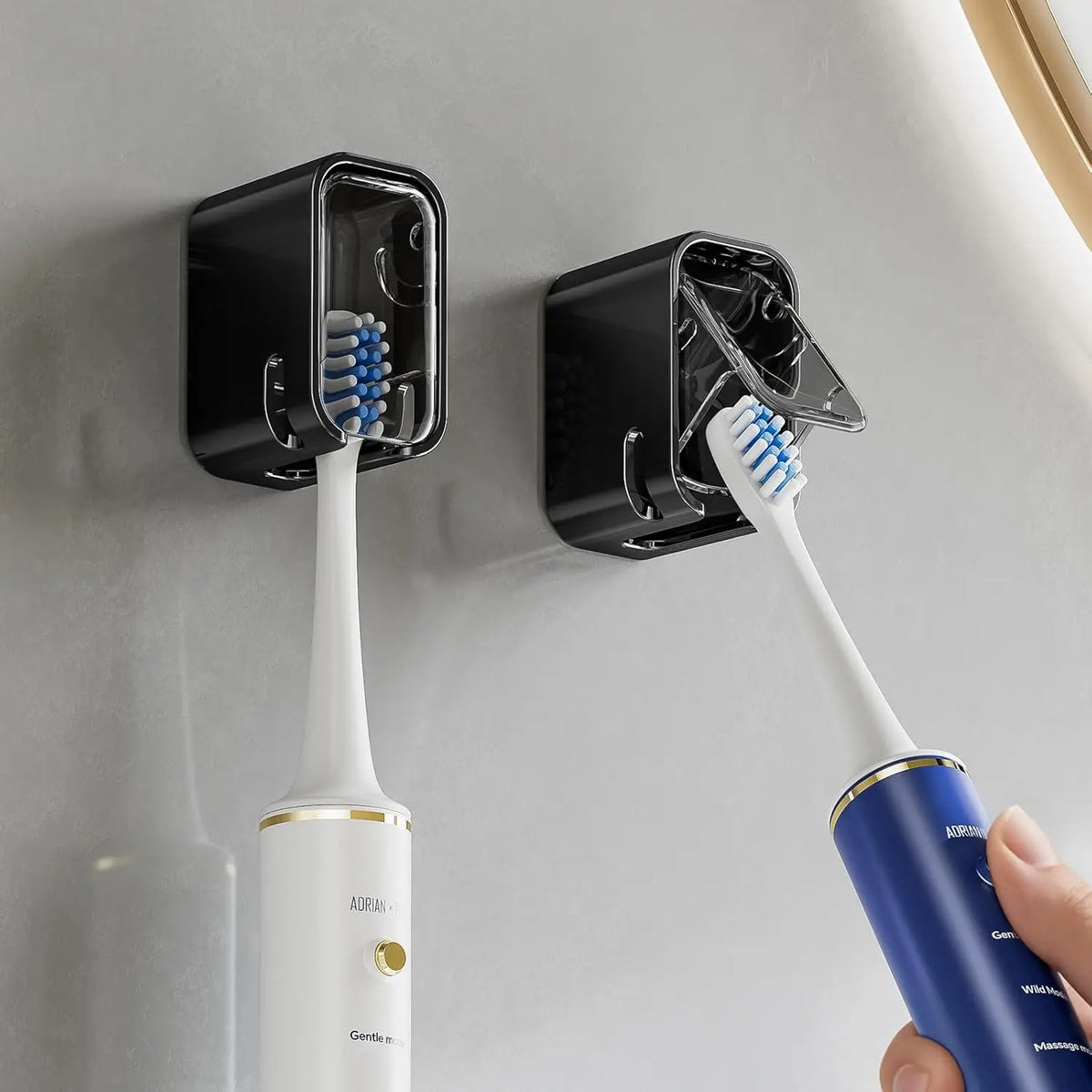 porte brosses dents salle bain support mural innovant compartiment dentifrice adhésif moderne noir blanc