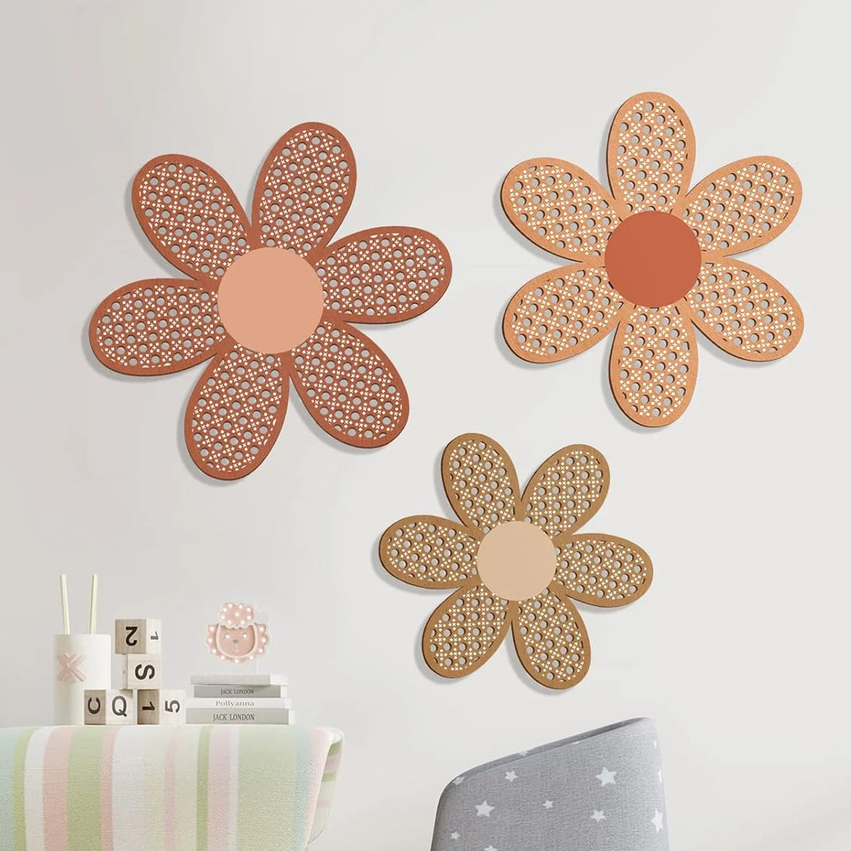 décoration murale bohème fleurs ajourées rose bois enfantine rustique vintage 25cm 22cm 20cm