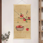 peinture suspendue chinois bambou fleurs insectes textes beige noir rouge vert