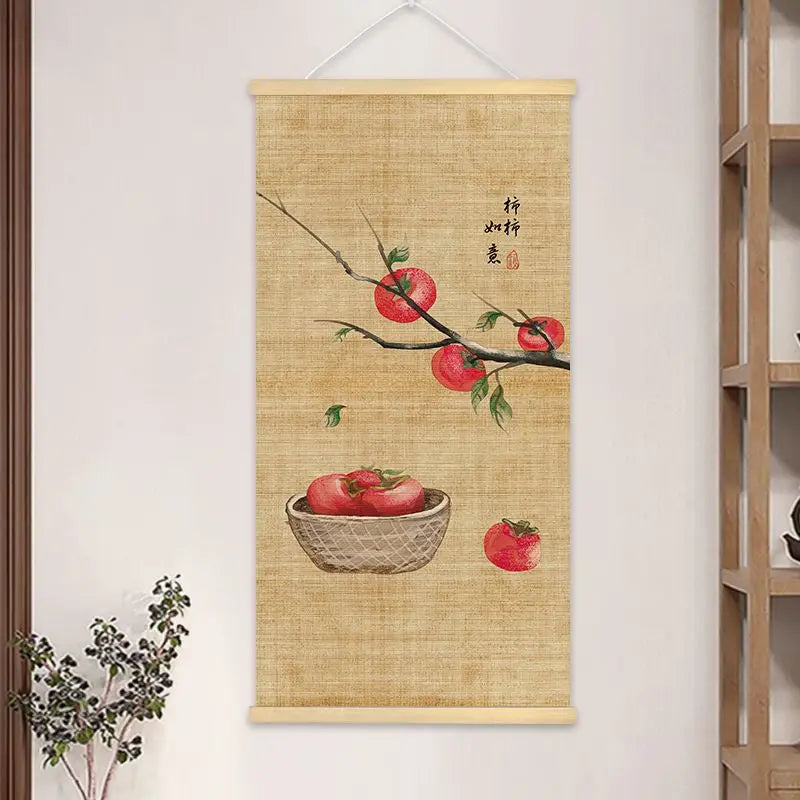 peinture suspendue chinois bambou fleurs insectes textes beige noir rouge vert