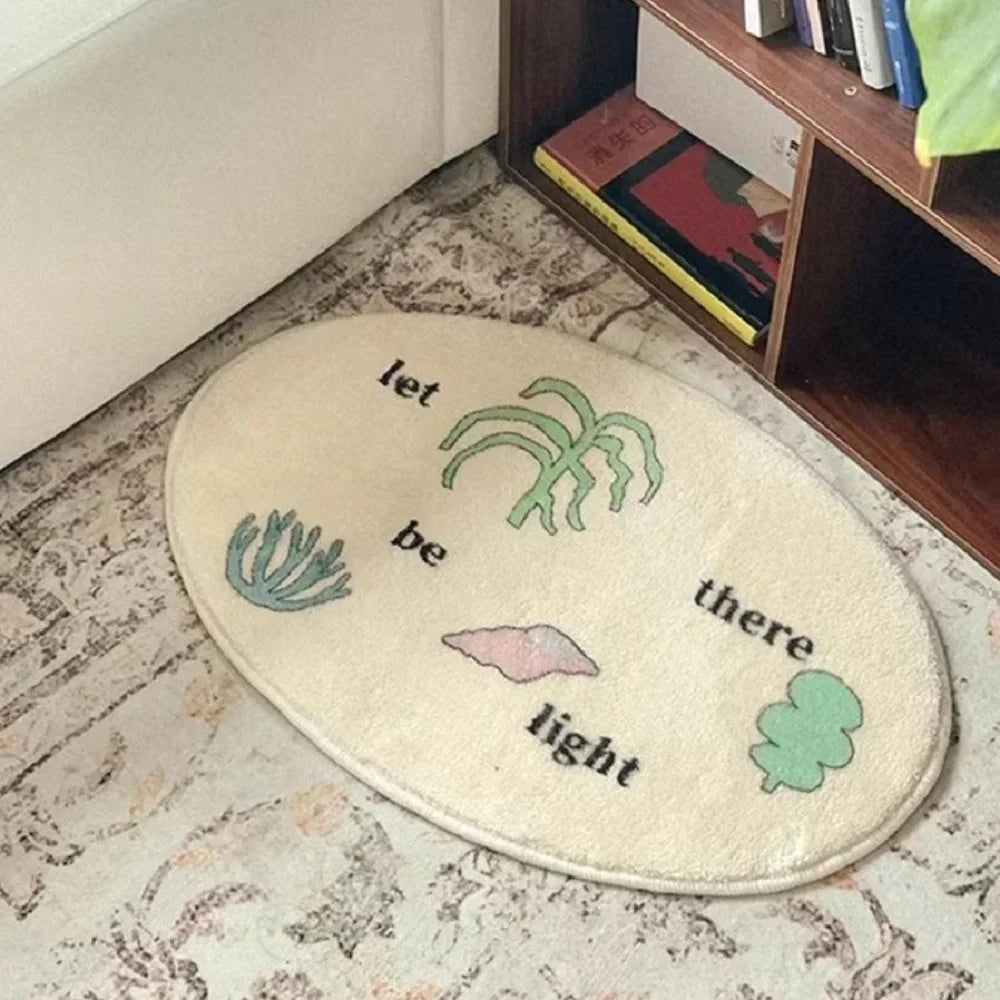 tapis ovale moderne imprimé lettres tasses salle bain intérieur beige clair anti salissure imperméable