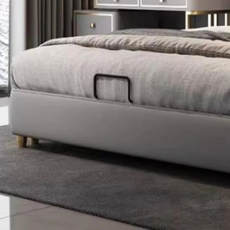 lit moderne bois gris cuir véritable pieds dorés 150cm 180cm 200cm