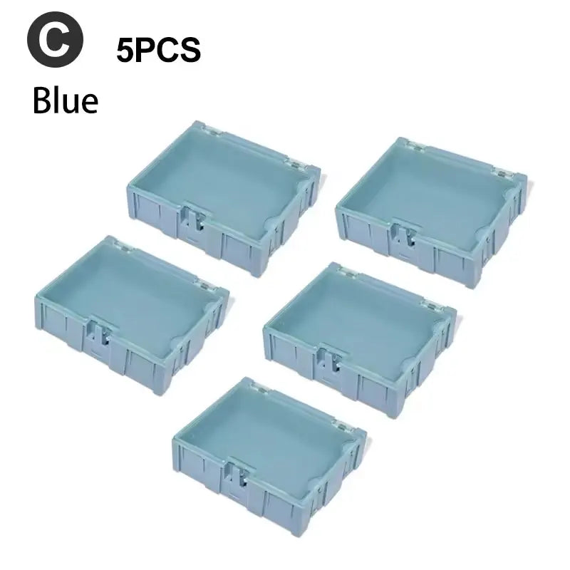 boîtes rangement composants électroniques bleu clair vert rose plastique lisse clips pratique compact