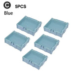 boîtes rangement composants électroniques bleu clair vert rose plastique lisse clips pratique compact