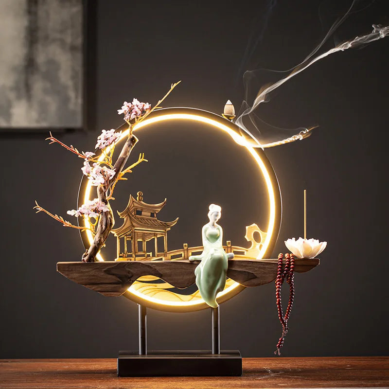lampe décorative céramique arbre fleurs artificielles figurine femme bougie fumée support métal moderne salon