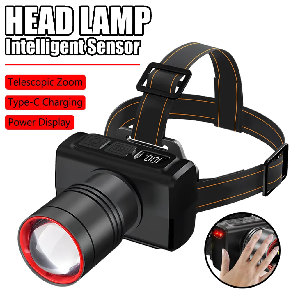 lampe frontale intelligente led rechargeable zoomable noir rouge moderne fonctionnel ceinture ajustable