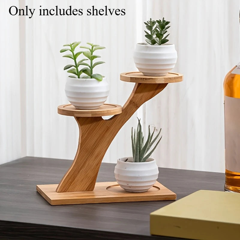 présentoir arbre bois clair trois niveaux plantes décoratif minimaliste nature inspiré succulentes fleurs petits