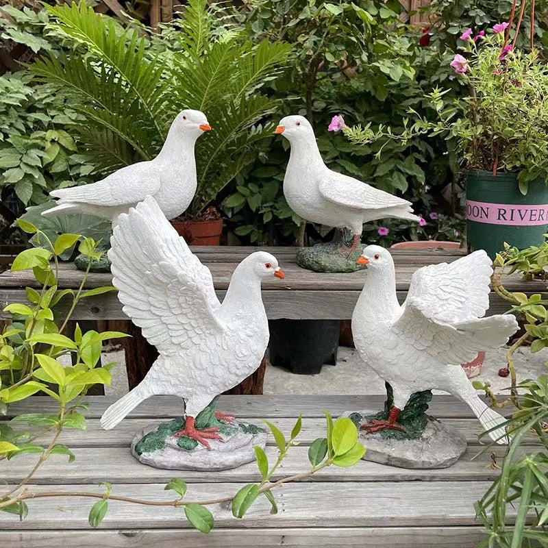 statues pigeons blancs relief plumes mousse artificielle base rocher extérieur intérieur ornement animal decoration