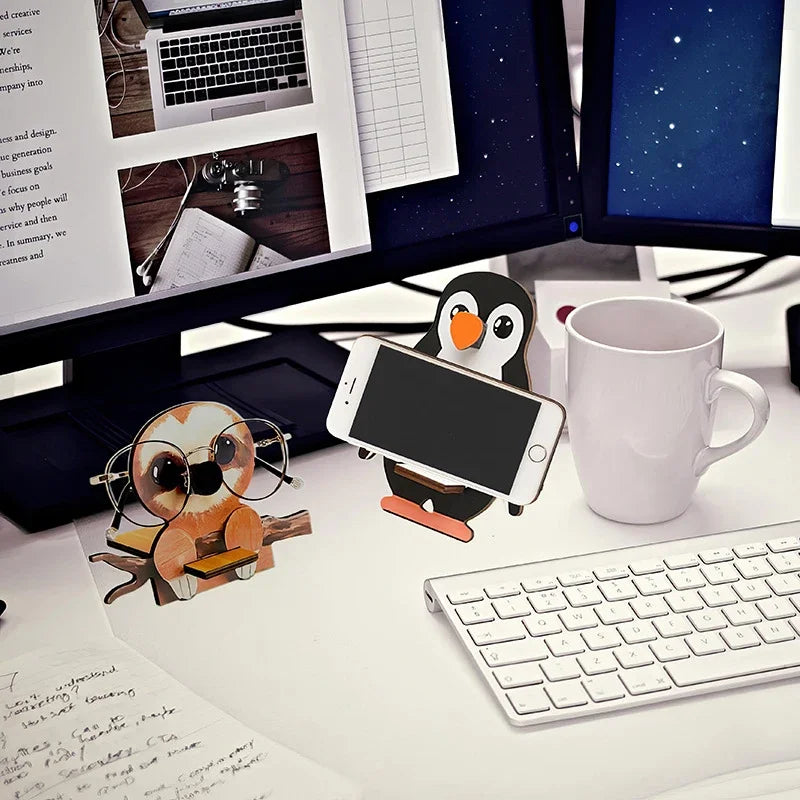 porte lunettes forme animaux pingouin singe bois créatif fonctionnel adhésif