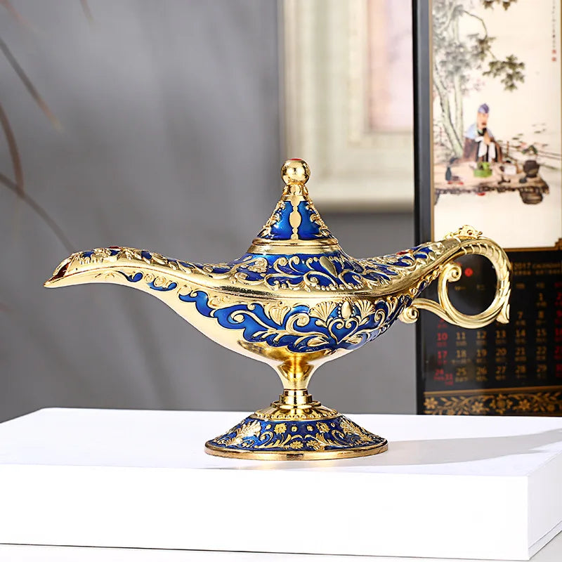 lampe huile bleue dorée ornement florale artisanale baroque chaîne dorée maison décoration