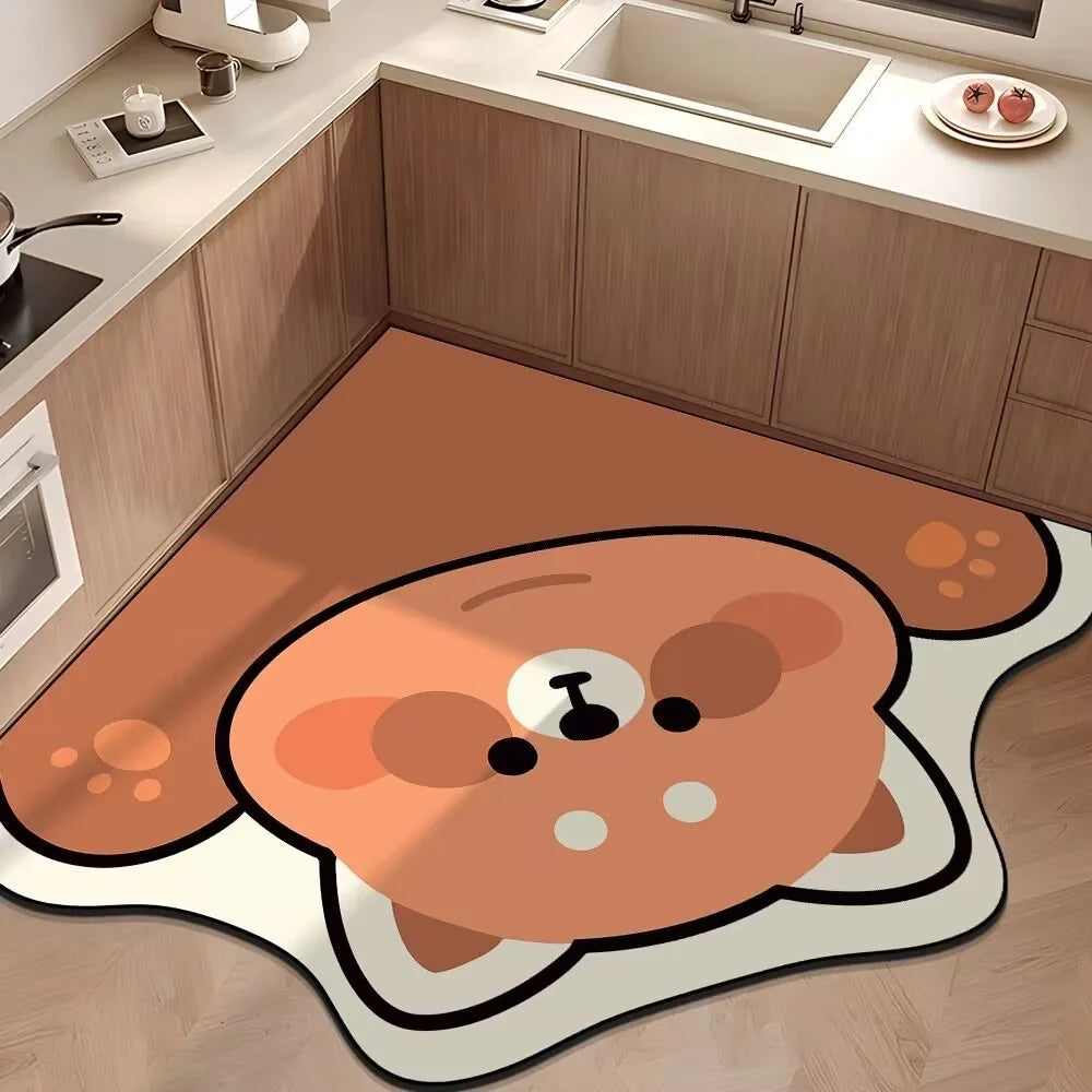 tapis dessin animé animaux antidérapant PVC marron beige gris rose clair noir salle bain