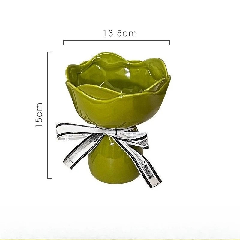 vase céramique moderne rouge vert rose décoratif ruban fleurs artificielles