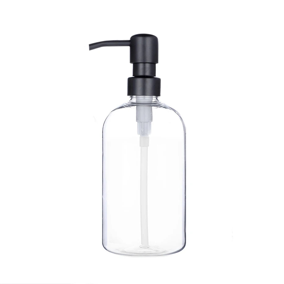 bouteilles shampooing après shampoing gel douche rechargeables transparentes marron noir blanches modernes pompes pression