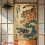 rideau japonais traditionnel noren motif tigre dragon calligraphie clips magnétiques orange noir cuisine maison