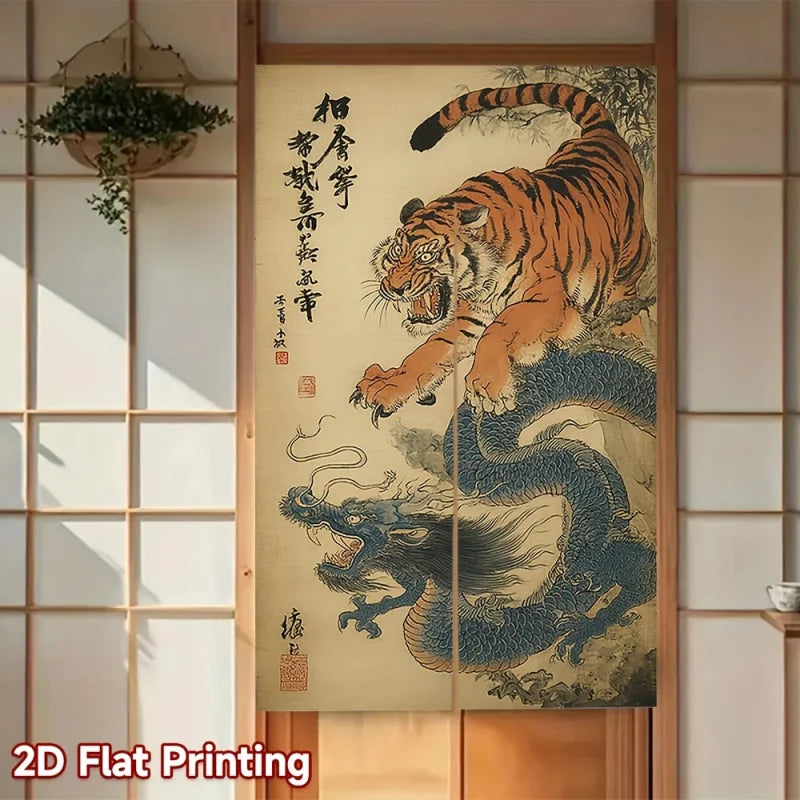 rideau japonais traditionnel noren motif tigre dragon calligraphie clips magnétiques orange noir cuisine maison