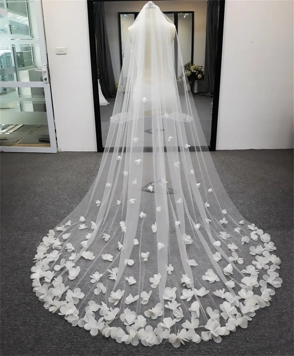 voile mariée blanc fleurs 3d classique cathédrale bord dentelle clips opaques