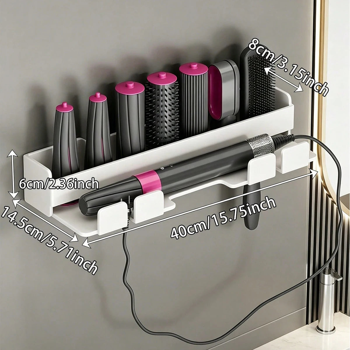 support mural adhésif noir rose coiffeur accessoires secateur brosse fer lisser moderne salle bain