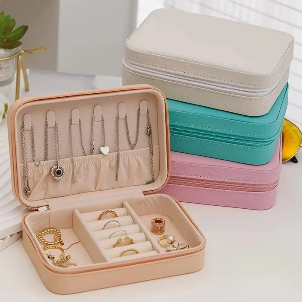 boîte bijoux portable simili cuir moderne fermure glissière rangement bague boîtes voyage femmes beige
