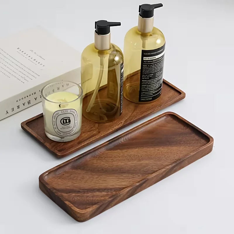 plateau bois marron foncé naturel rectangulaire moderne minimaliste bougie parfumée bouteilles savon liquide petite