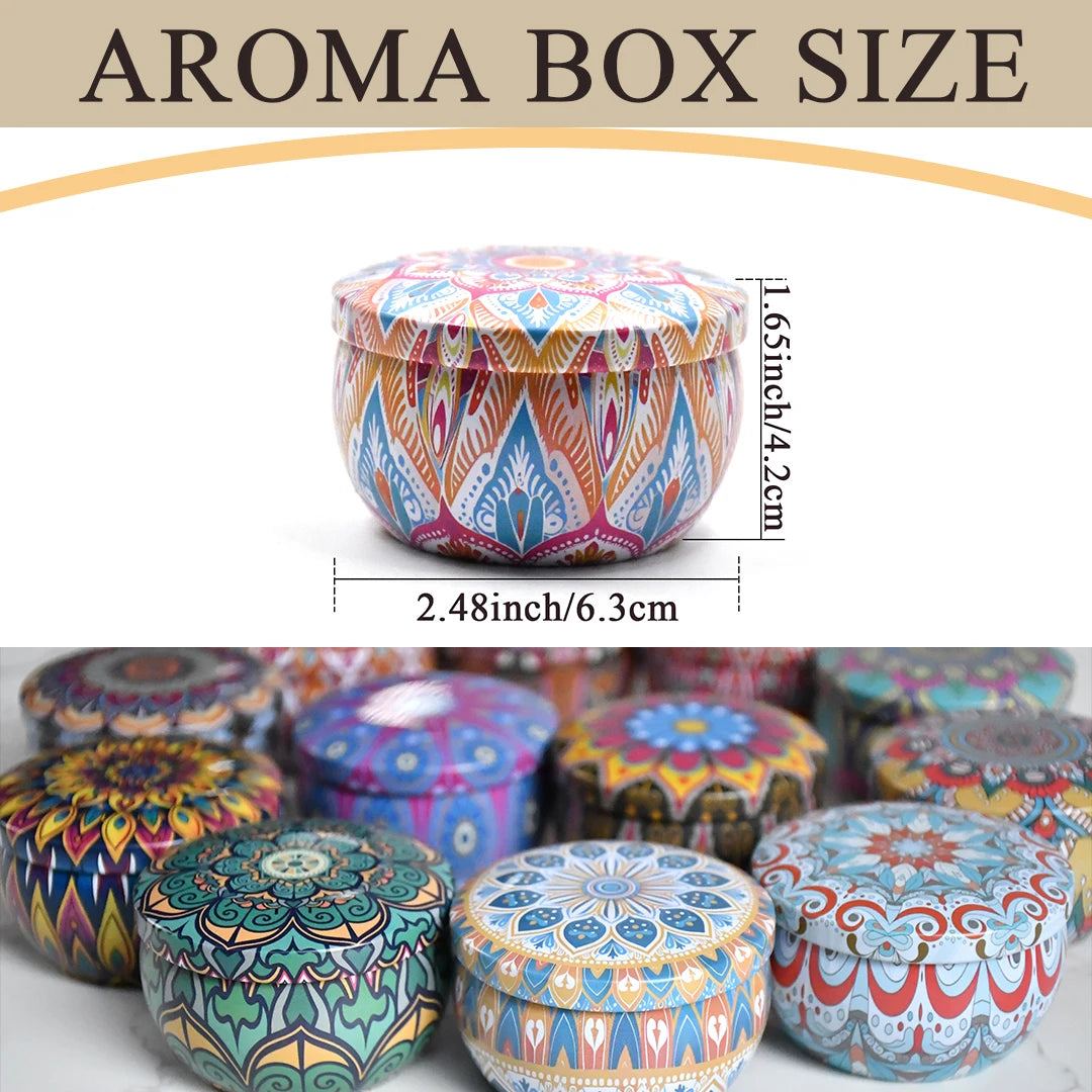 boîtes métal multicolores bohémiennes conteneurs aromatiques motifs floraux géométriques mandalas opaques rondes matériaux fabrication