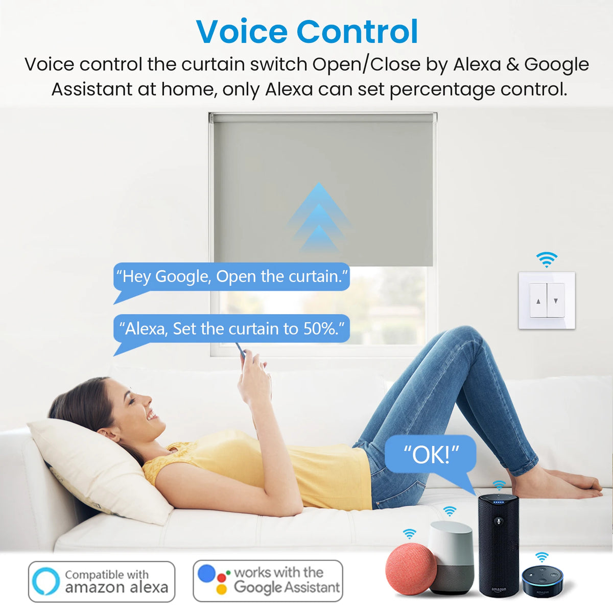 interrupteur module commutation rideau intelligent bleu moderne technologie contrôle vocal google alexa