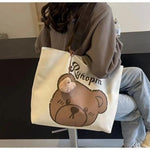 sac main toile ours mignons dessins modernes poignées détachables ours peluche beige