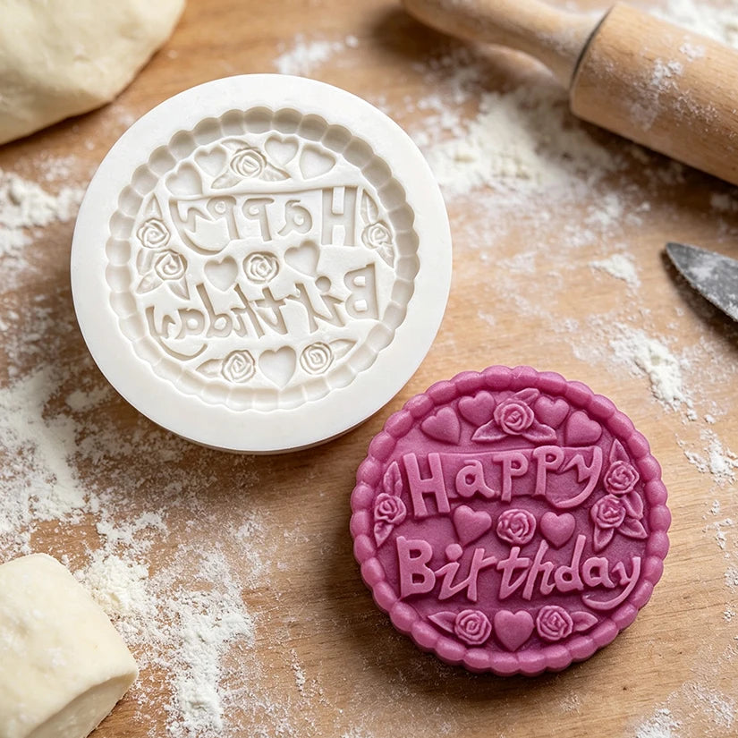 moule silicone happy birthday fondant cupcakes gâteaux décoration pâtisserie biscuits rustique