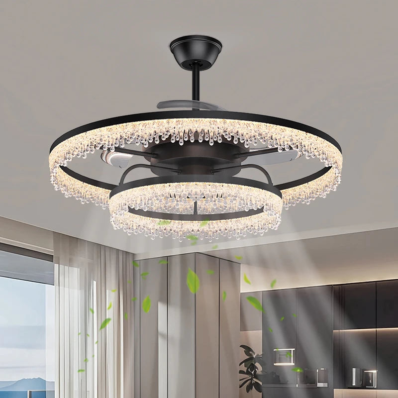 ventilateur noir moderne lumière led cristaux transparents élégants télécommande chambre salon