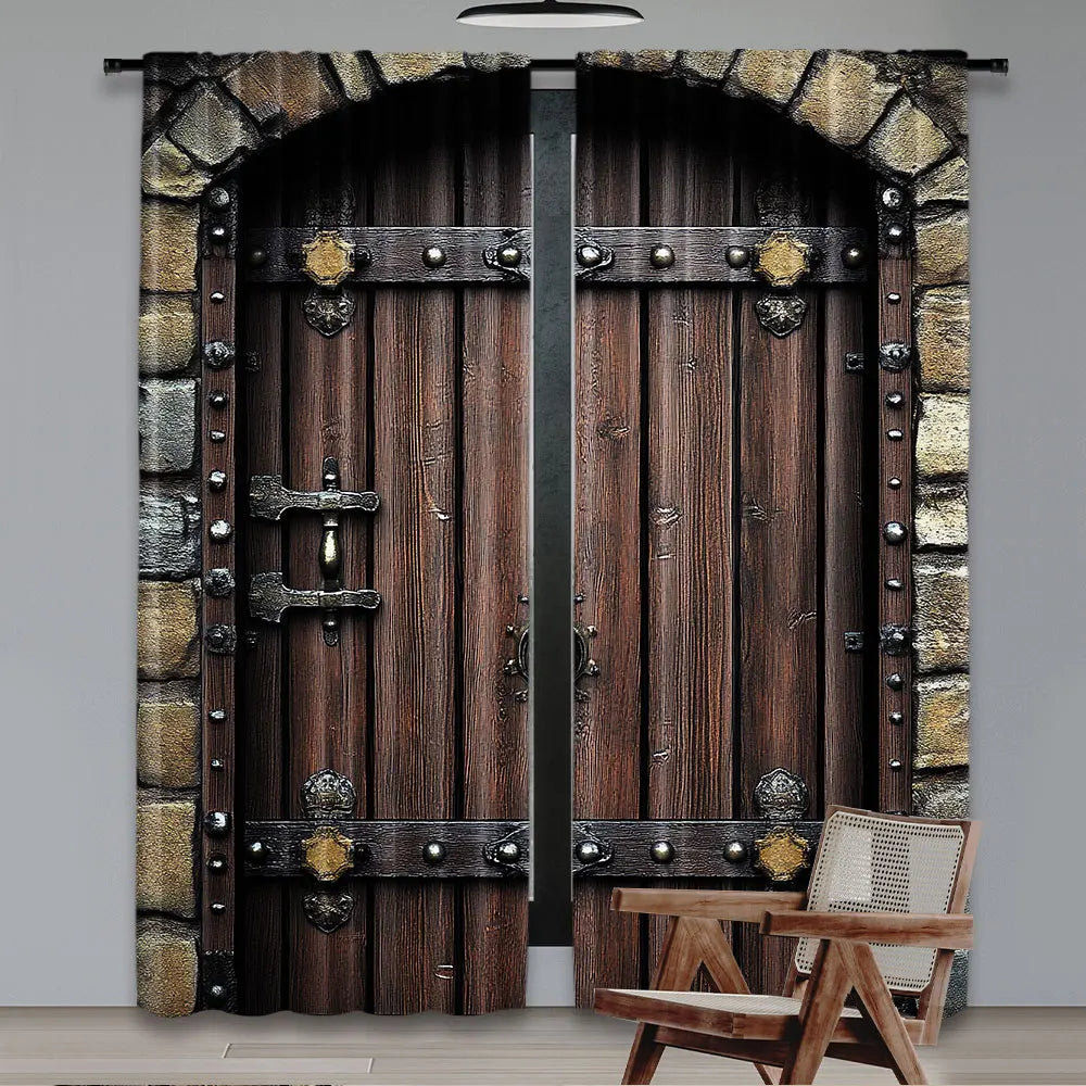 rideaux porte bois ferrures métal rustique deux panneaux marron beige gris vintageextérieur chambre salon