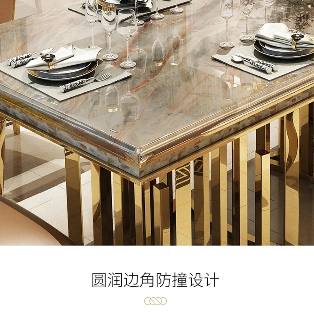 ensemble salle manger marbre métal doré table haut dossier chaises moderne minimaliste