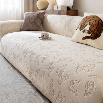 Housse canapé vert olive papillons brodés moderne adhésif léopard beige tasse
