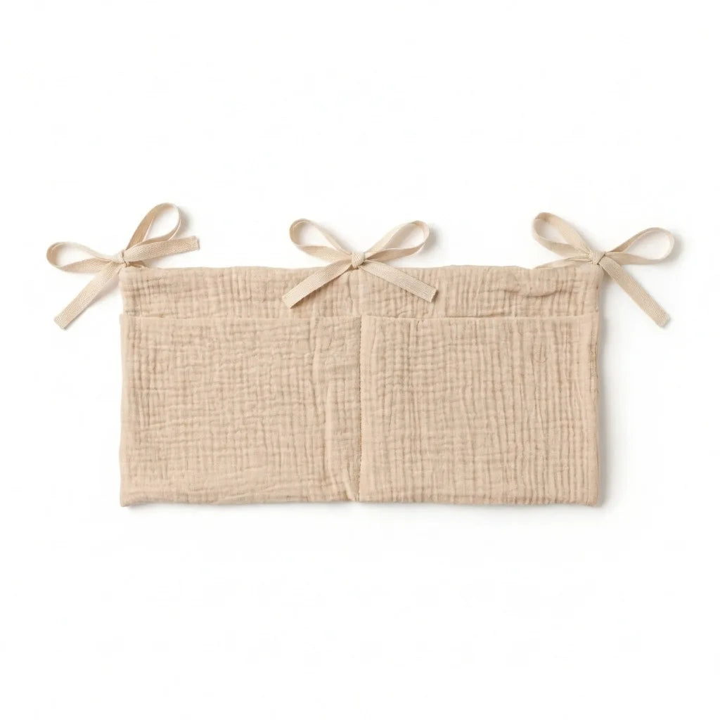sac rangement lit bébé coton beige bleu rose simple rubans sécurité