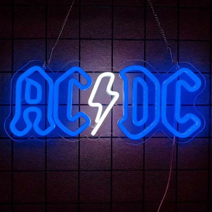 néon lumineux rock roll ac dc high voltage couleurs vives logo texte fixations