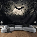 tapisserie murale silhouettes chauves souris nuit arbres dénudés noir blanc gris contemporaine