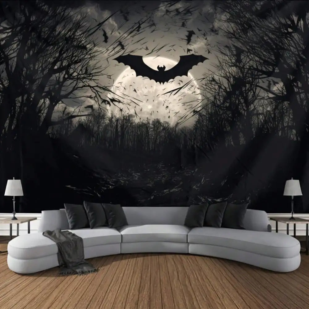 tapisserie murale silhouettes chauves souris nuit arbres dénudés noir blanc gris contemporaine