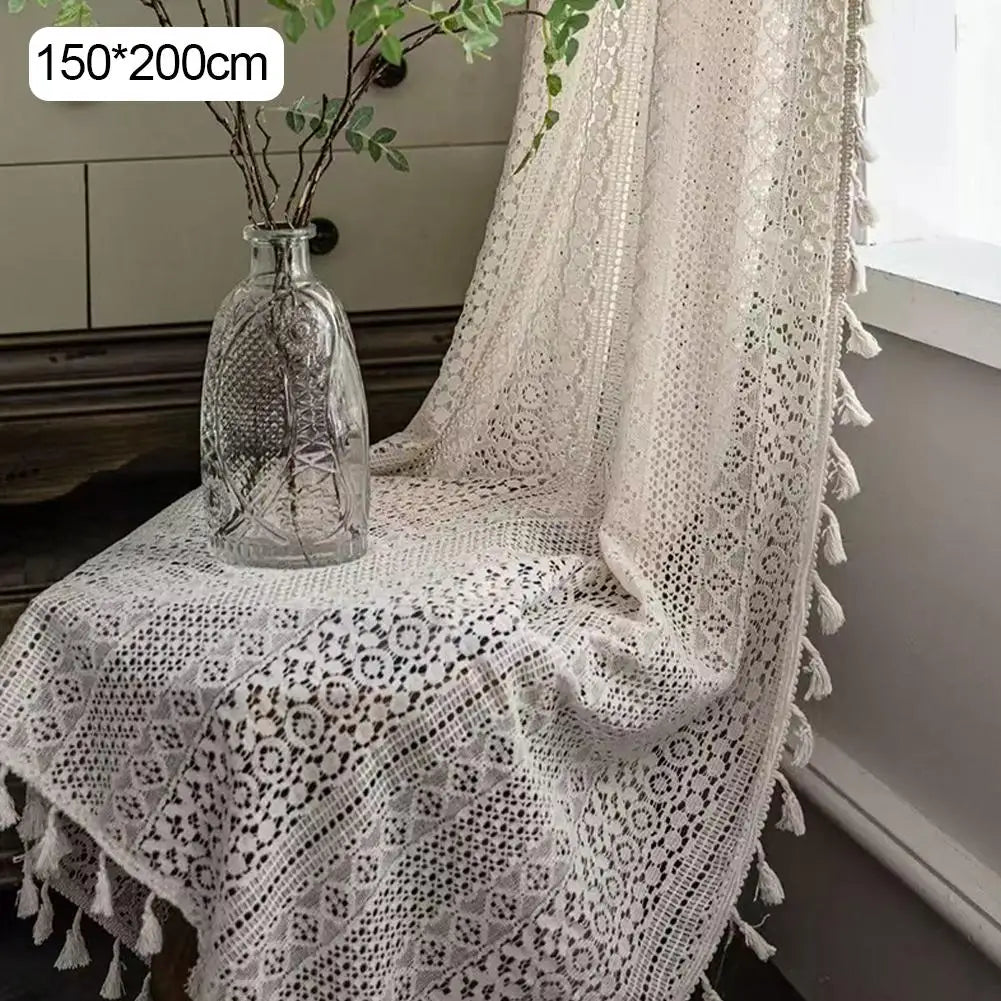 rideau boho chic crocheté motifs géométriques beige translucide pompons 150x100cm 150x160cm 150x200cm 150x240cm