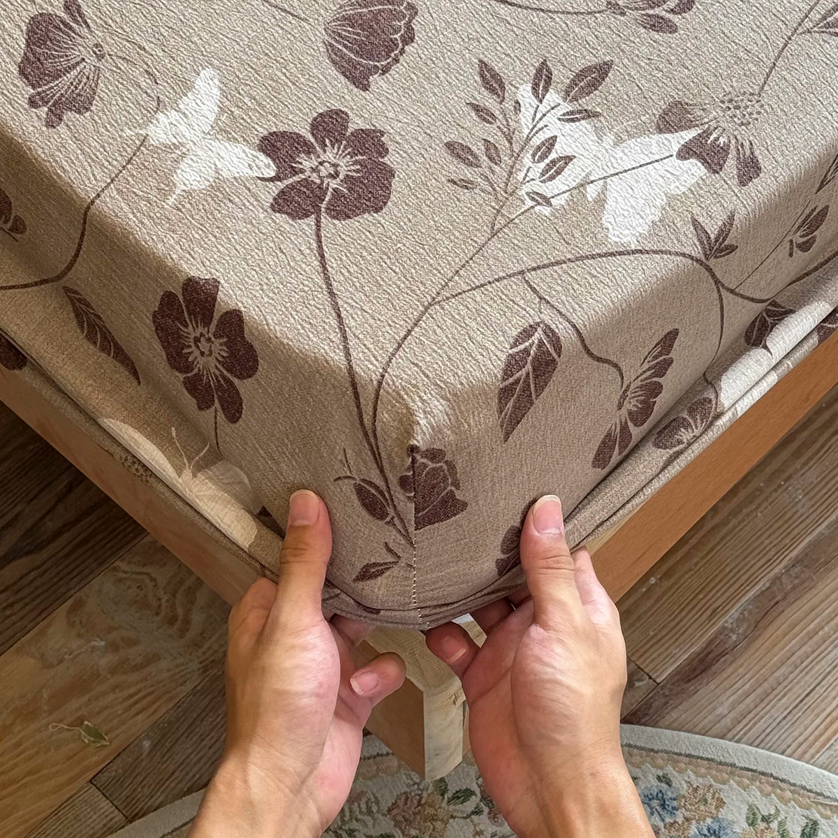 housse matelas coton lin plaid fleurs papillons moderne beige marron blanc double oreillers