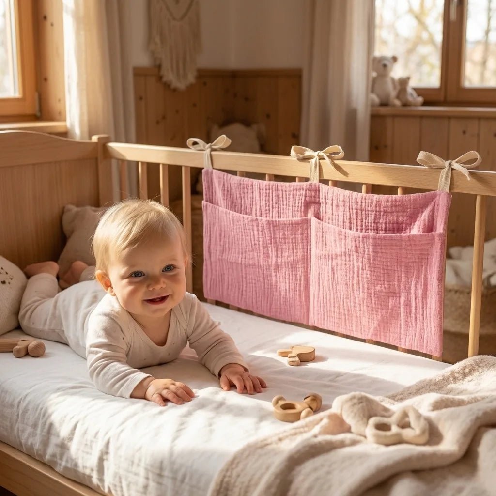 sac rangement lit bébé coton beige bleu rose simple rubans sécurité