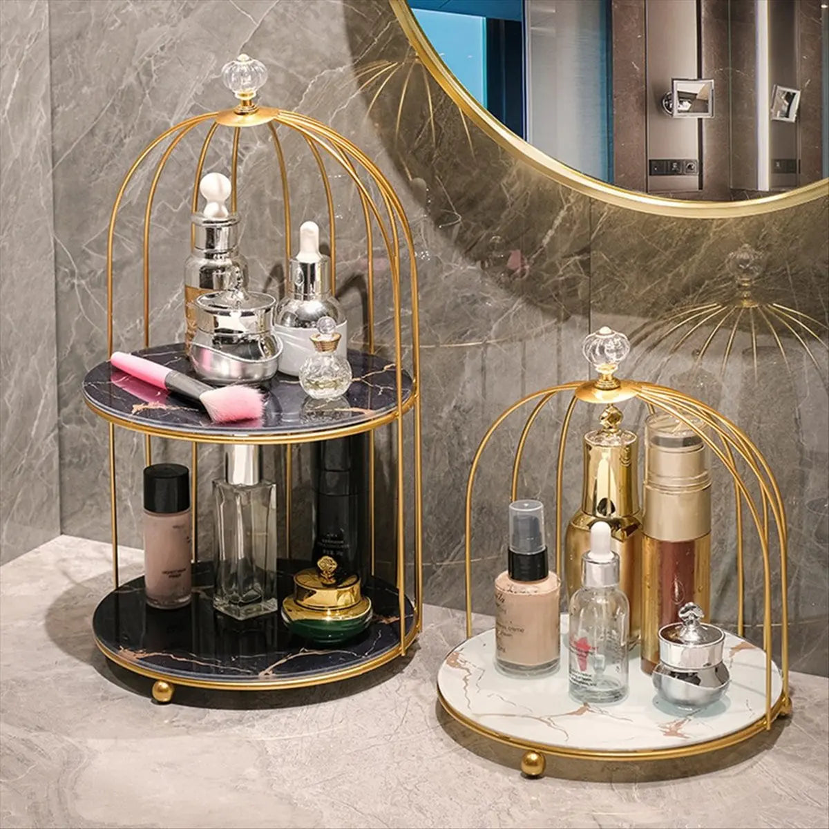 rangement cage oiseaux deux niveaux or marbre blanc marron bleu violet modernes plateaux cosmétiques