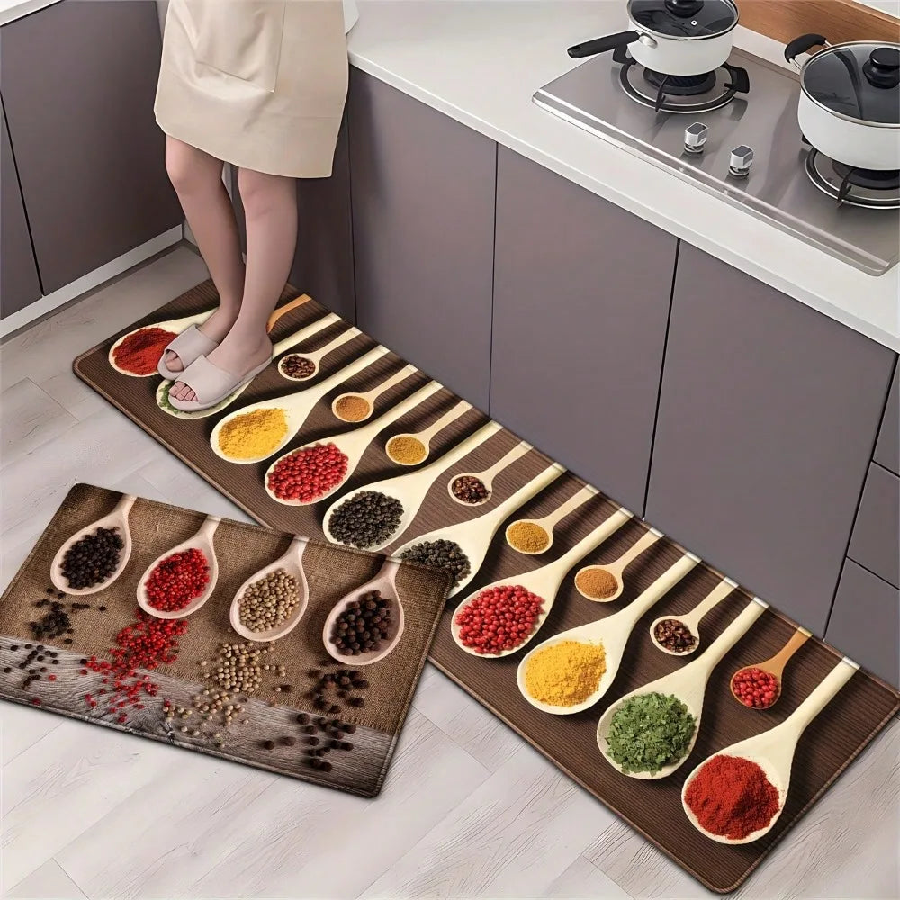 tapis cuisine moderne motifs cuillères épices bon appétit noir blanc gris rouge vert bleu