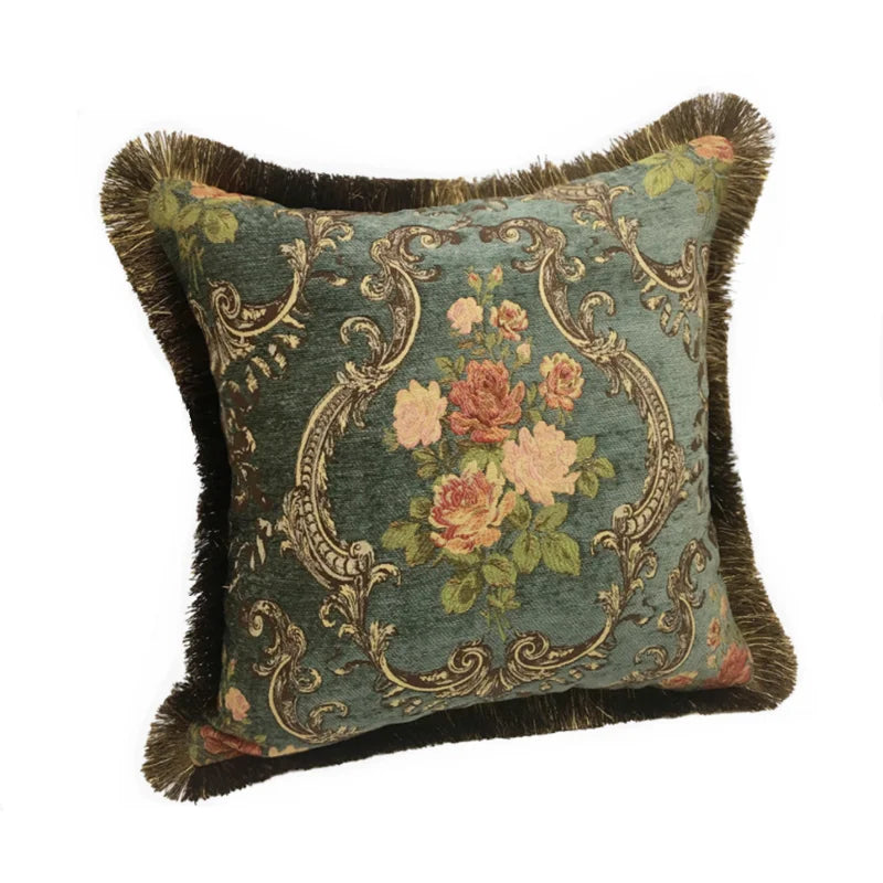 coussin décoratif carré motif floral rose feuilles vert foncé classique tissu chenille 45x45cm