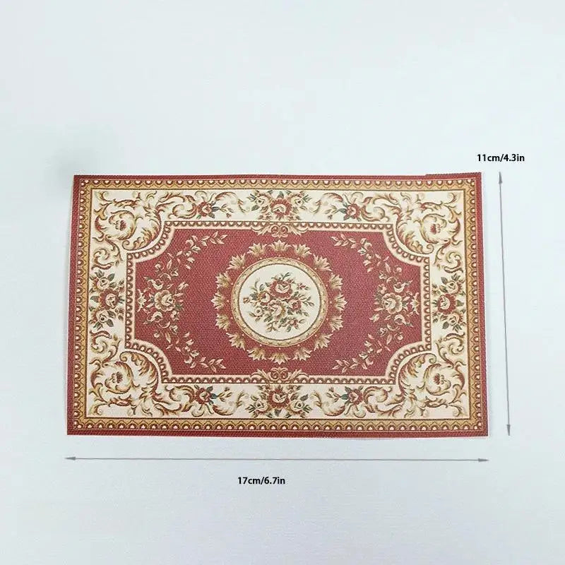 tapis miniature vintage floral rouge beige doré ornements adhésif décoration jouet poupée mobilier ancien