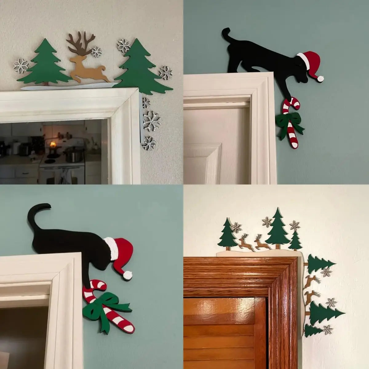 Décoration festive multicolore pour porte de Noël vue de près