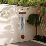 sifflet vent carillon moderne argenté marron tubes métalliques bille rouge crochet suspensionextérieur jardinterrasse artisanal