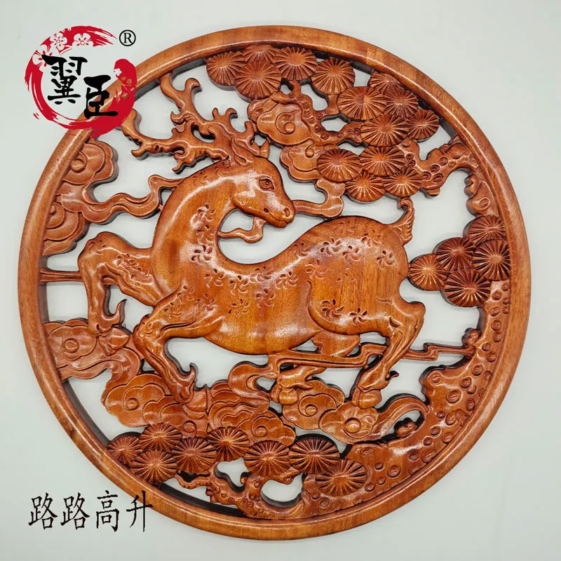 décoration murale bois sculpté animaux fleurs chinois nouvel an 380mm