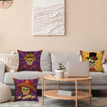 ensemble quatre taies d'oreiller décoratives crâne mexicain fleurs violet jaune folklorique maison