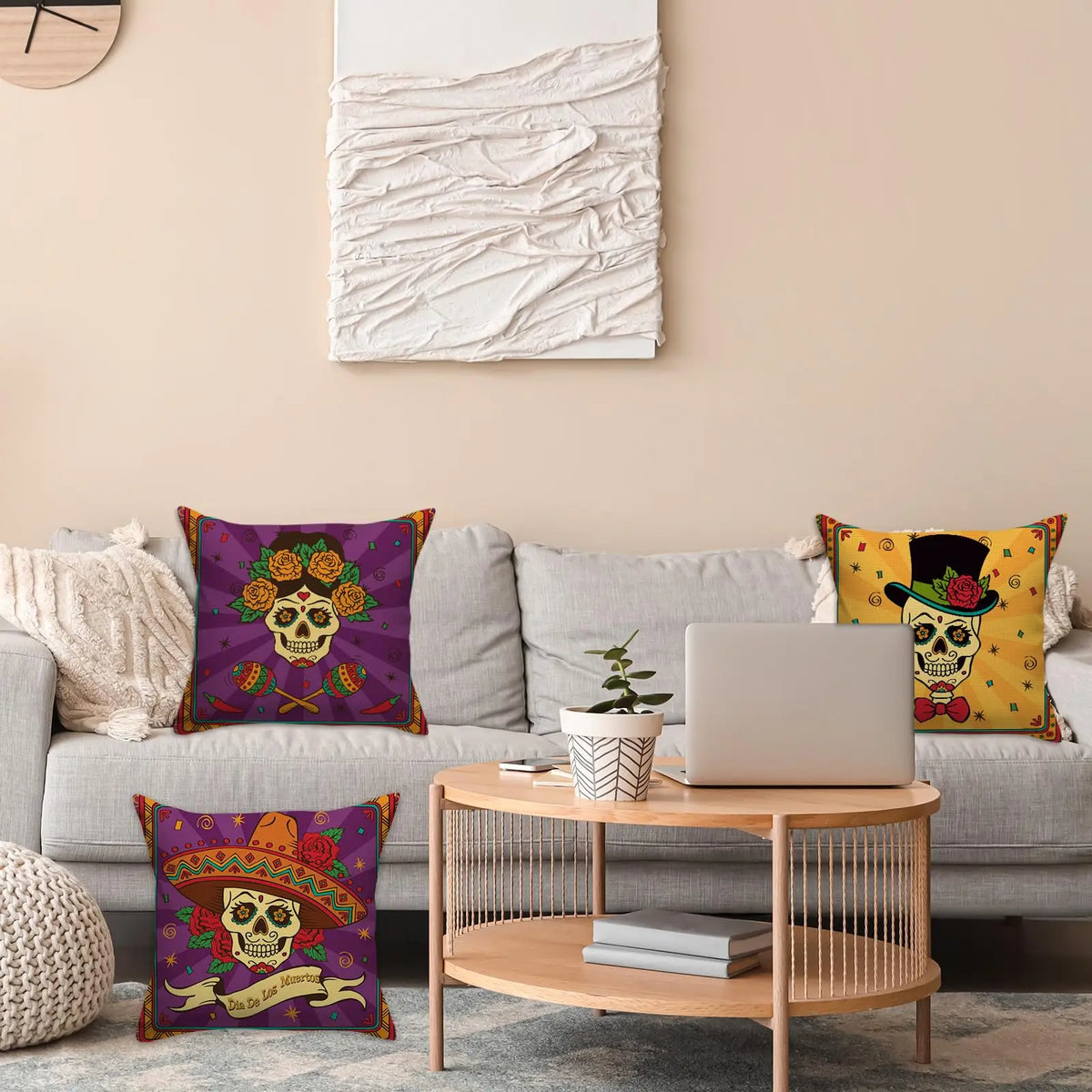 ensemble quatre taies d'oreiller décoratives crâne mexicain fleurs violet jaune folklorique maison