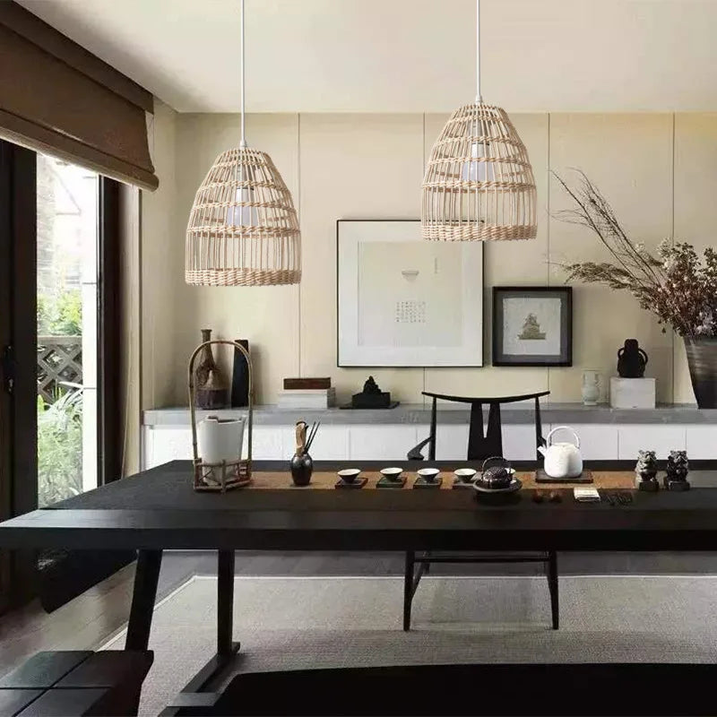 suspension rotin tressé moderne opacité naturelle rustique câble suspendu 21cm 19cm lumière décoration chambre